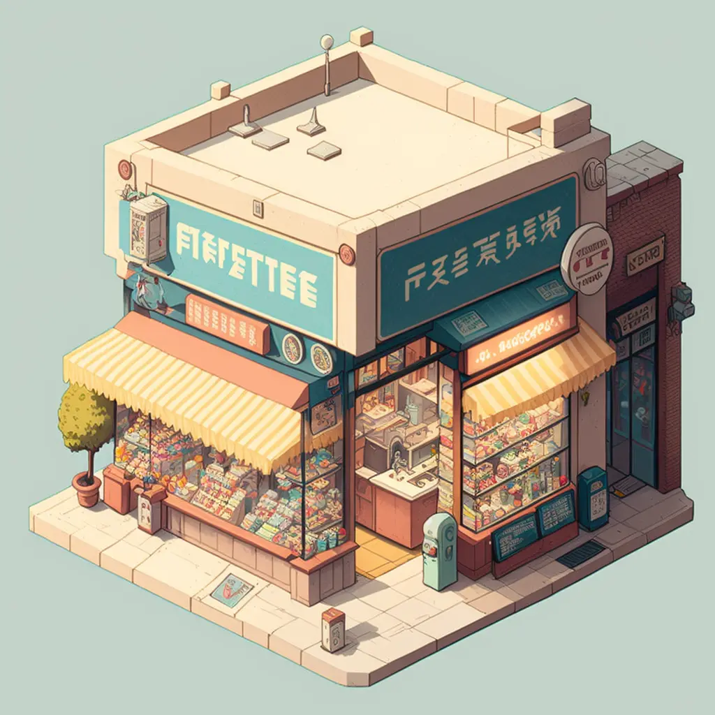 Isometric clean pixel art image cutaway of outside of japanese convenience store
